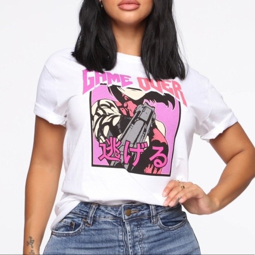 Fashion Nova White Game Over Manga T-shirt L